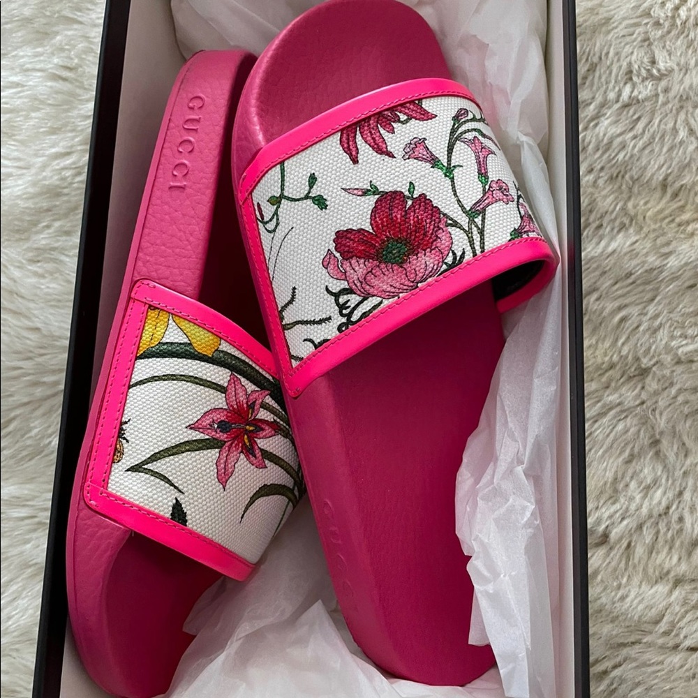 pink floral authentic gucci slides